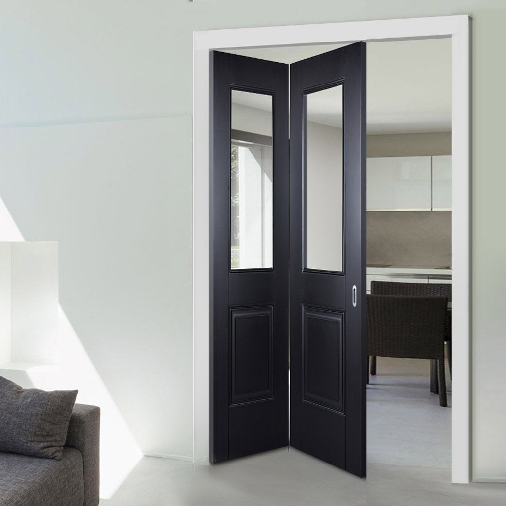 Two Folding Doors & Frame Kit - Arnhem Black Primed 2+0 - Clear Glass - Unfinished