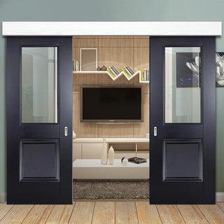 Image: Double Sliding Door & Wall Track - Arnhem Black Primed Doors - Clear Glass - Unfinished