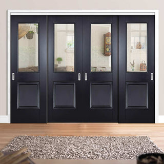 Image: Four Sliding Doors and Frame Kit - Arnhem Black Primed Door - Clear Glass - Unfinished