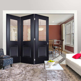 Image: Three Folding Doors & Frame Kit - Arnhem Black Primed 3+0 - Clear Glass - Unfinished