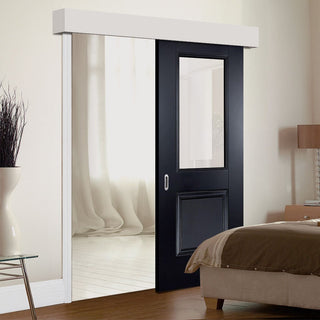 Image: Single Sliding Door & Wall Track - Arnhem Black Primed Door - Clear Glass - Unfinished