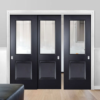 Image: Three Sliding Doors and Frame Kit - Arnhem Black Primed Door - Clear Glass - Unfinished