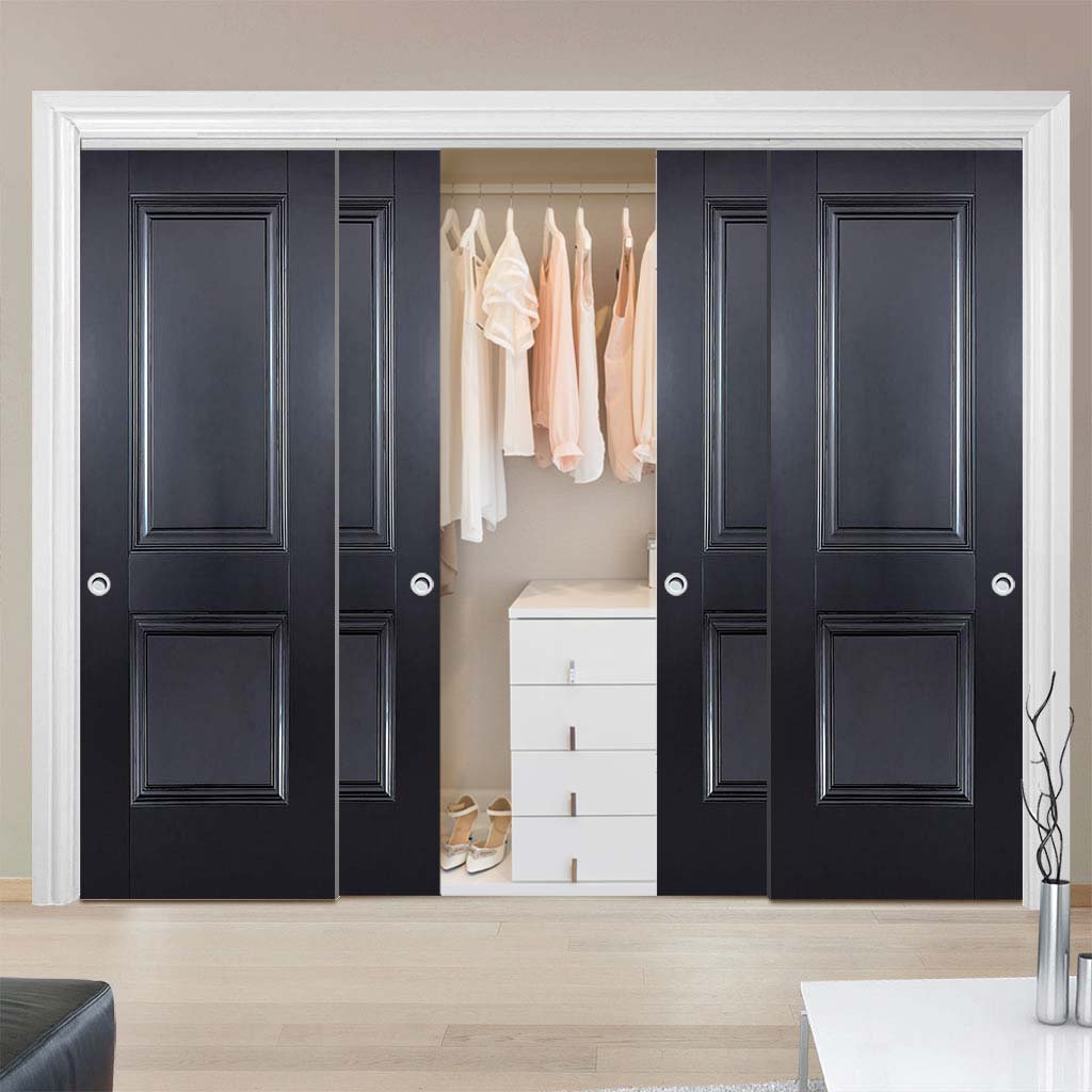 Minimalist Wardrobe Door & Frame Kit - Four Arnhem 2 Panel Black Primed Doors - Unfinished
