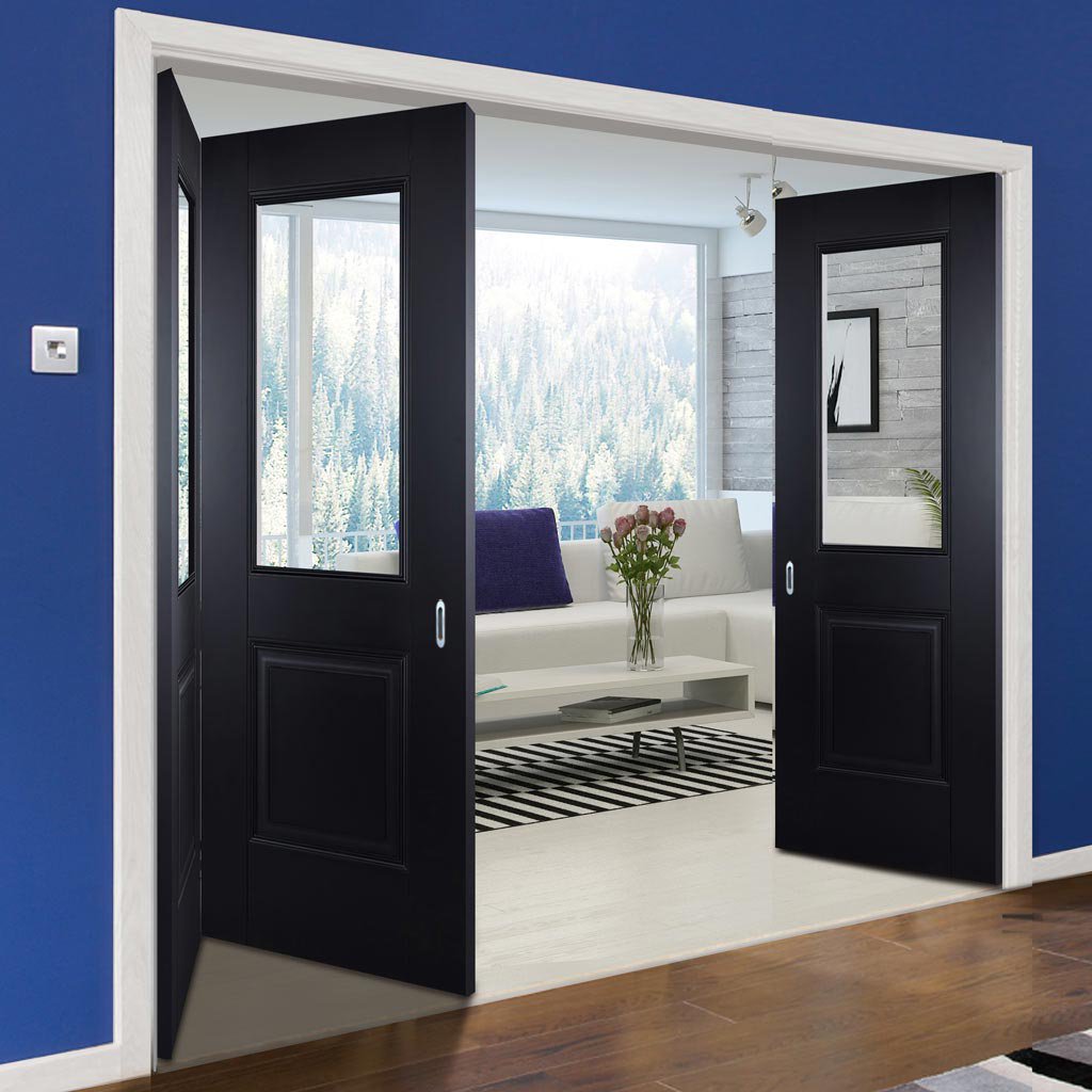 Three Folding Doors & Frame Kit - Arnhem Black Primed 2+1 - Clear Glass - Unfinished