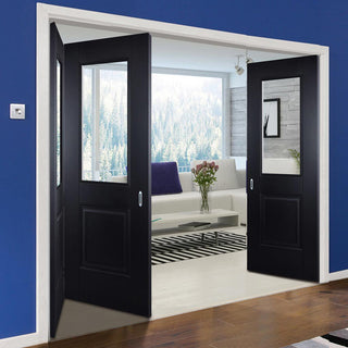 Image: Three Folding Doors & Frame Kit - Arnhem Black Primed 2+1 - Clear Glass - Unfinished