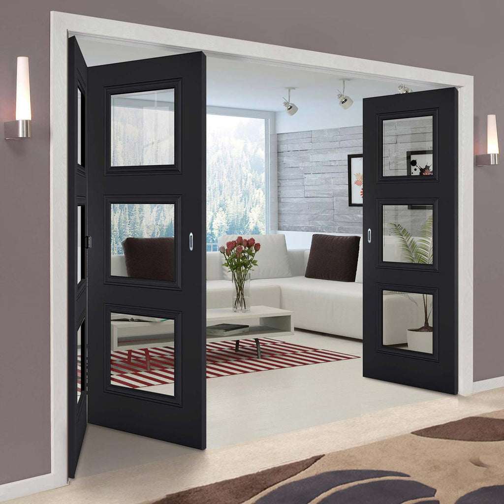 Three Folding Doors & Frame Kit - Antwerp 3 Pane Black Primed 2+1 - Clear Glass