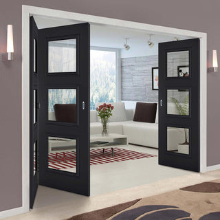 Image: Three Folding Doors & Frame Kit - Antwerp 3 Pane Black Primed 2+1 - Clear Glass
