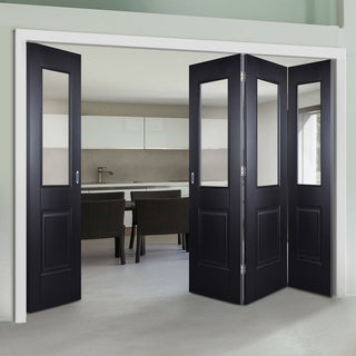 Image: Four Folding Doors & Frame Kit - Arnhem Black Primed 3+1 - Clear Glass - Unfinished