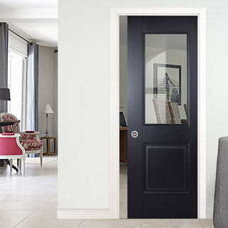 Image: Arnhem Black Primed Single Evokit Pocket Door - Clear Glass