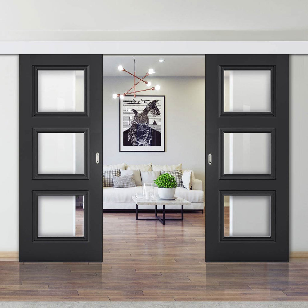 Double Sliding Door & Wall Track - Antwerp 3 Pane Black Primed Door - Clear Glass