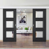 Double Sliding Door & Wall Track - Antwerp 3 Pane Black Primed Door - Clear Glass