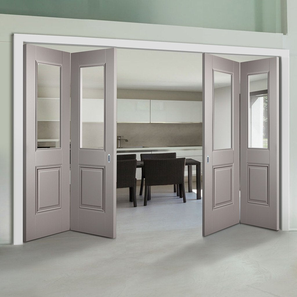 Four Folding Doors & Frame Kit - Arnhem Grey Primed 2+2 - Clear Glass - Unfinished