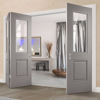 Image: Three Folding Doors & Frame Kit - Arnhem Grey Primed 2+1 - Clear Glass - Unfinished