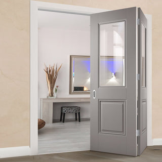 Image: Two Folding Doors & Frame Kit - Arnhem Grey Primed 2+0 - Clear Glass - Unfinished