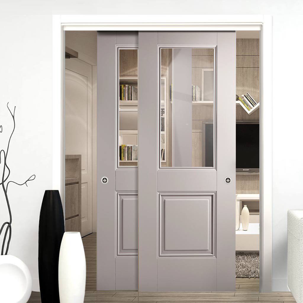 Two Sliding Doors and Frame Kit - Arnhem Grey Primed Door - Clear Glass - Unfinished