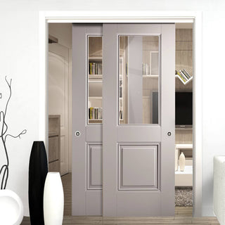 Image: Two Sliding Doors and Frame Kit - Arnhem Grey Primed Door - Clear Glass - Unfinished