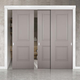 Image: Three Sliding Doors and Frame Kit - Arnhem 2 Panel Grey Primed Door - Unfinished