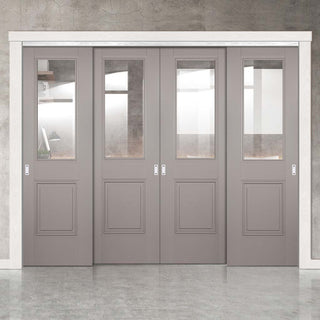 Image: Four Sliding Doors and Frame Kit - Arnhem Grey Primed Door - Clear Glass - Unfinished
