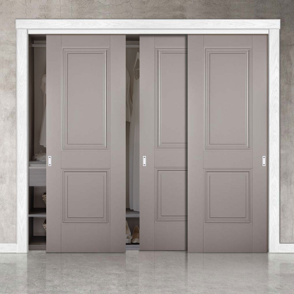 Three Sliding Wardrobe Doors & Frame Kit - Arnhem 2 Panel Grey Primed Door - Unfinished