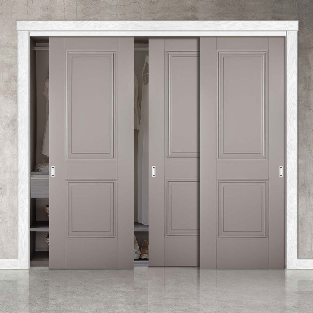 Minimalist Wardrobe Door & Frame Kit - Three Arnhem 2 Panel Grey Primed Doors - Unfinished