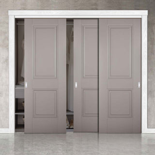 Image: Minimalist Wardrobe Door & Frame Kit - Three Arnhem 2 Panel Grey Primed Doors - Unfinished