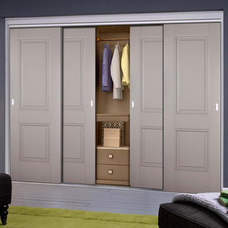Image: Four Sliding Wardrobe Doors & Frame Kit - Arnhem 2 Panel Grey Primed Door - Unfinished