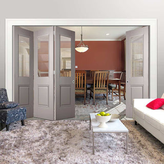 Image: Four Folding Doors & Frame Kit - Arnhem Grey Primed 3+1 - Clear Glass - Unfinished