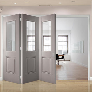 Image: Three Folding Doors & Frame Kit - Arnhem Grey Primed 3+0 - Clear Glass - Unfinished