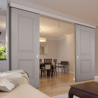 Image: Double Sliding Door & Wall Track - Arnhem 2 Panel Grey Primed Doors - Unfinished