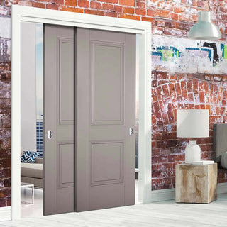 Image: Two Sliding Doors and Frame Kit - Arnhem 2 Panel Grey Primed Door - Unfinished