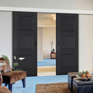 Image: Double Sliding Door & Wall Track - Antwerp 3 Panel Black Primed Door