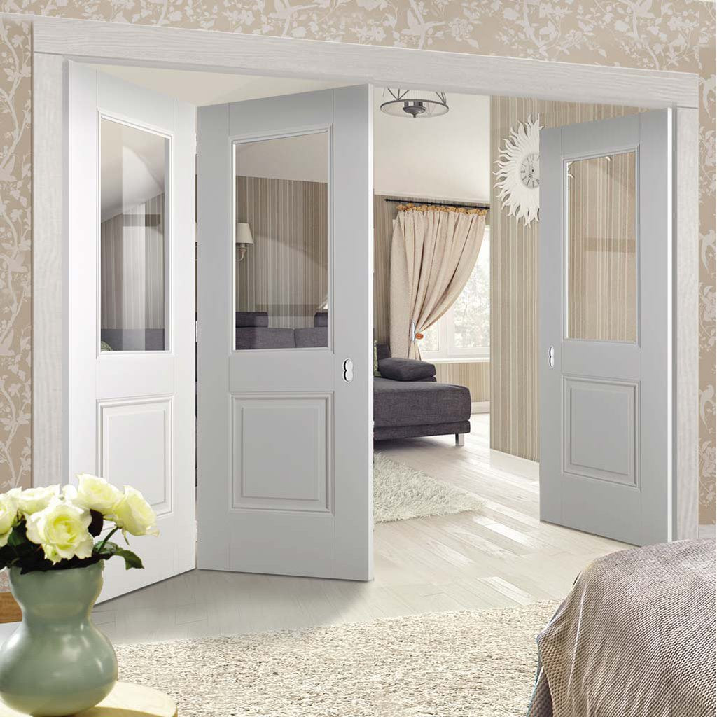 Three Folding Doors & Frame Kit - Arnhem 1 Pane 1 Panel 2+1 Folding Door- Clear Glass - White Primed