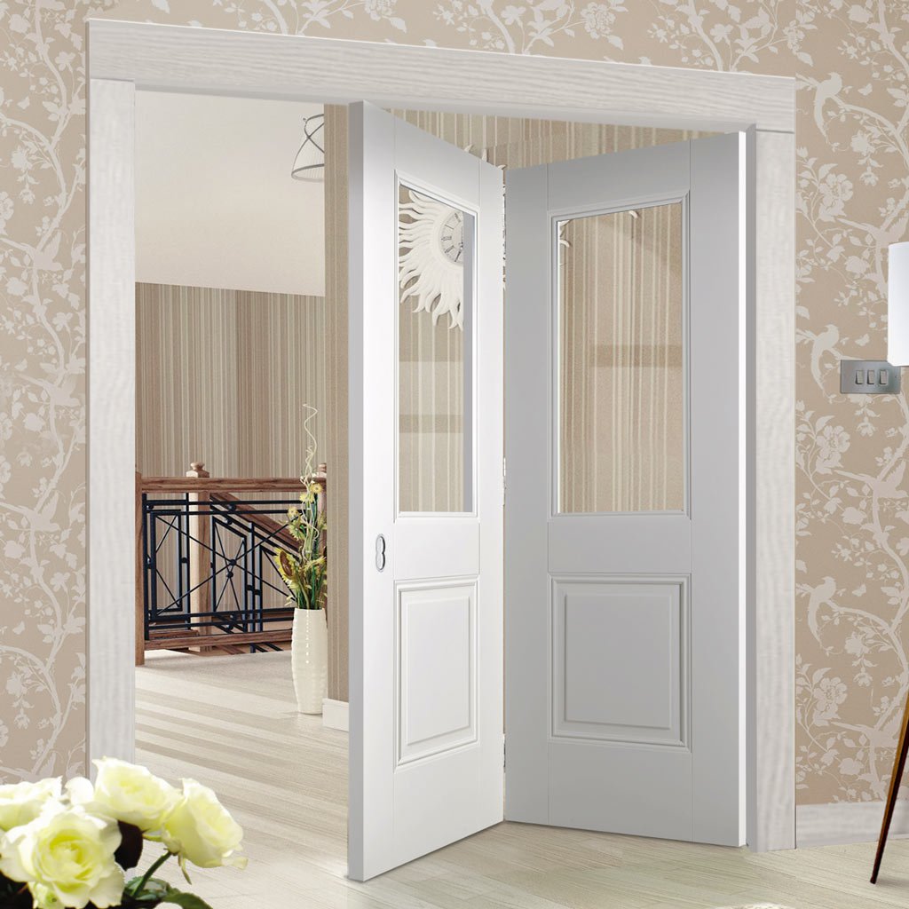 Two Folding Doors & Frame Kit - Arnhem 1 Pane 1 Panel 2+0 - Clear Glass - White Primed