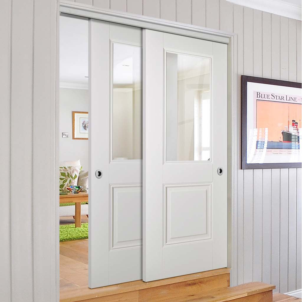 Two Sliding Doors and Frame Kit - Arnhem 1 Pane 1 Panel Door - Clear Glass - White Primed