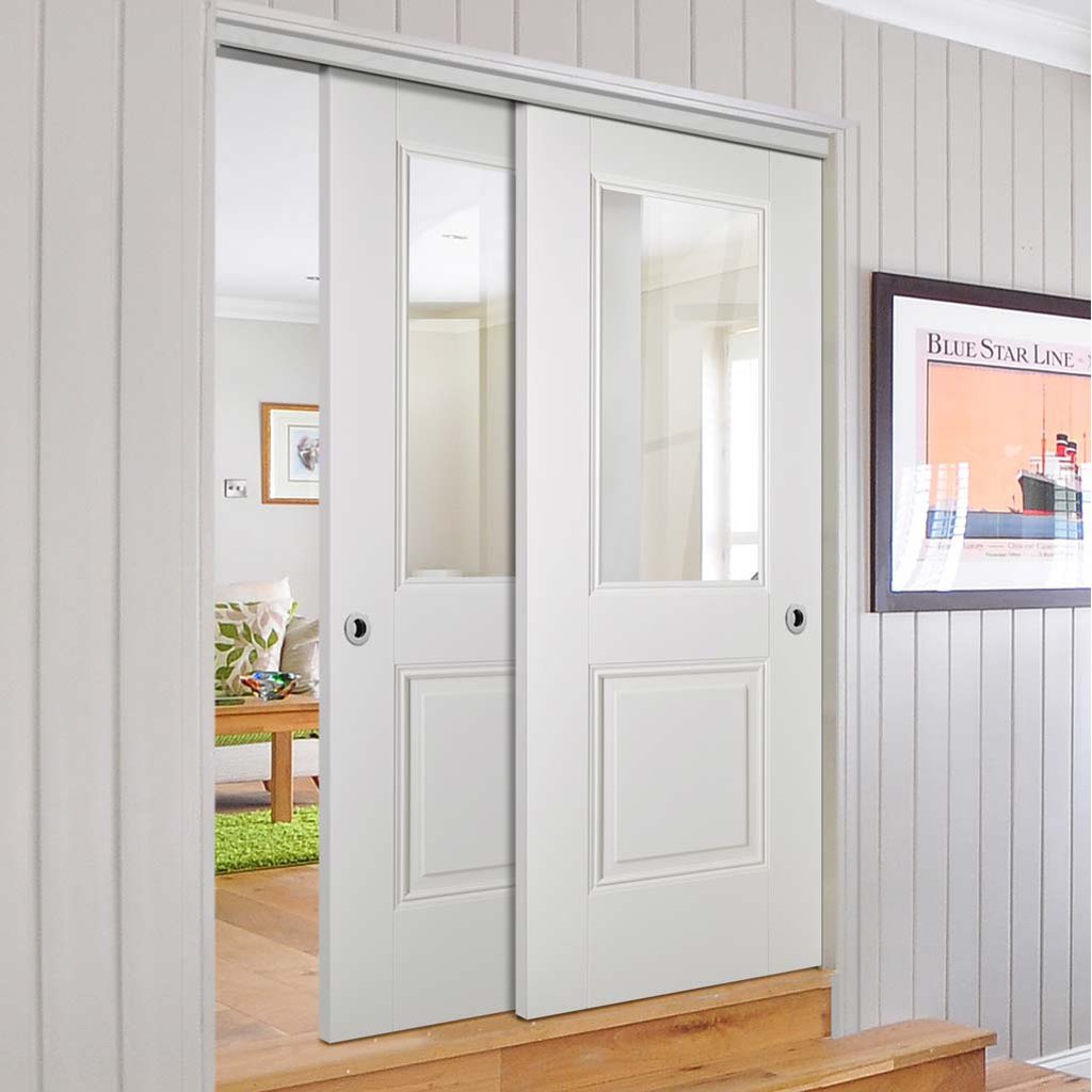 Two Sliding Doors and Frame Kit - Arnhem 1 Pane 1 Panel Door - Clear Glass - White Primed