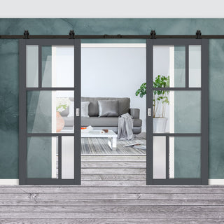Image: Top Mounted Black Sliding Track & Solid Wood Double Doors - Eco-Urban® Arran 5 Pane Doors DD6432G Clear Glass(2 FROSTED PANES) - Stormy Grey Premium Primed