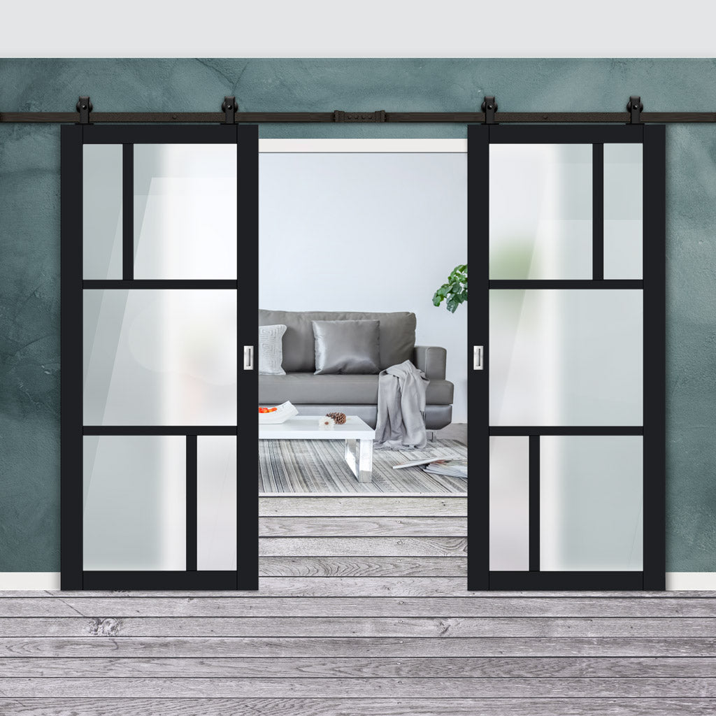 Top Mounted Black Sliding Track & Solid Wood Double Doors - Eco-Urban® Arran 5 Pane Doors DD6432SG Frosted Glass - Shadow Black Premium Primed