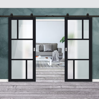 Image: Top Mounted Black Sliding Track & Solid Wood Double Doors - Eco-Urban® Arran 5 Pane Doors DD6432SG Frosted Glass - Shadow Black Premium Primed