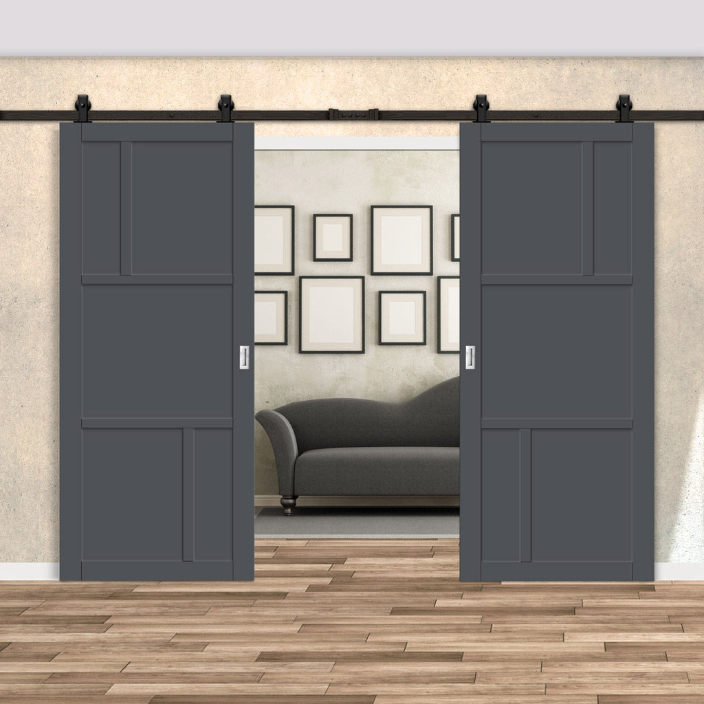 Top Mounted Black Sliding Track & Solid Wood Double Doors - Eco-Urban® Arran 5 Panel Doors DD6432 - Stormy Grey Premium Primed