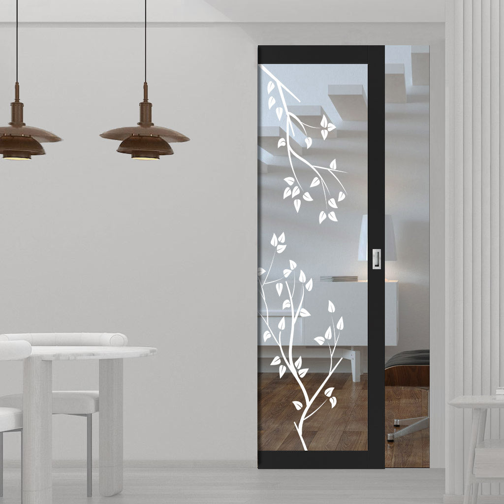 Eco-Urban Artisan® Single Absolute Evokit Pocket Door - Birch Tree 6mm Clear Glass - Obscure Printed Design - Colour & Size Options