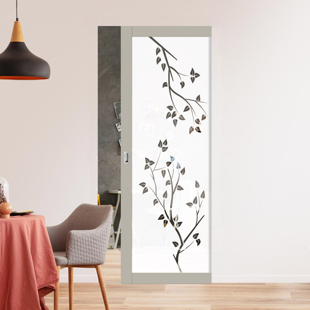 Eco-Urban Artisan® Single Absolute Evokit Pocket Door - Birch Tree 6mm Obscure Glass - Clear Printed Design - Colour & Size Options