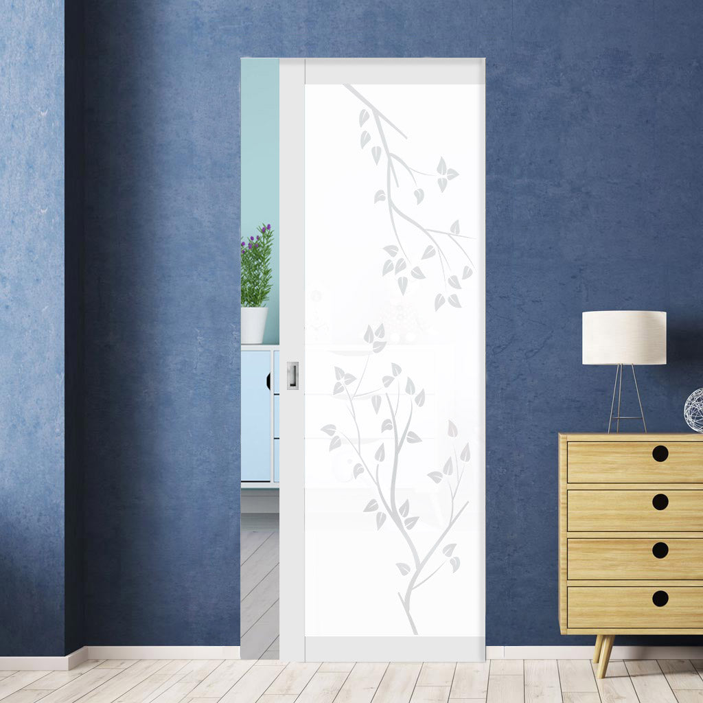 Eco-Urban Artisan® Single Absolute Evokit Pocket Door - Birch Tree 6mm Obscure Glass - Obscure Printed Design - Colour & Size Options