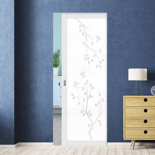Image: Eco-Urban Artisan® Single Absolute Evokit Pocket Door - Birch Tree 6mm Obscure Glass - Obscure Printed Design - Colour & Size Options