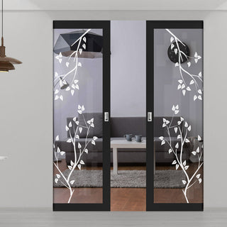 Image: Eco-Urban Artisan® Double Absolute Evokit Pocket Door - Birch Tree 6mm Clear Glass - Obscure Printed Design - Colour & Size Options