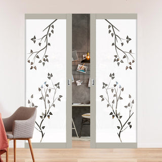 Image: Eco-Urban Artisan® Double Absolute Evokit Pocket Door - Birch Tree 6mm Obscure Glass - Clear Printed Design - Colour & Size Options