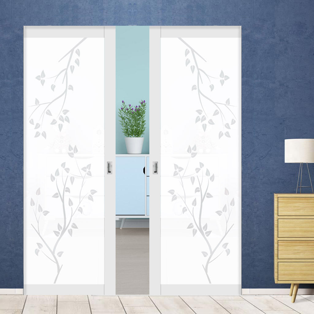 Eco-Urban Artisan® Double Absolute Evokit Pocket Door - Birch Tree 6mm Obscure Glass - Obscure Printed Design - Colour & Size Options