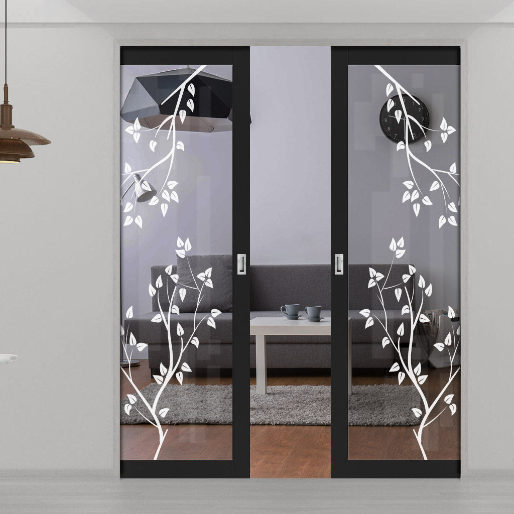 Eco-Urban Artisan Double Evokit Pocket Door - Birch Tree 6mm Clear Glass - Obscure Printed Design - Colour & Size Options