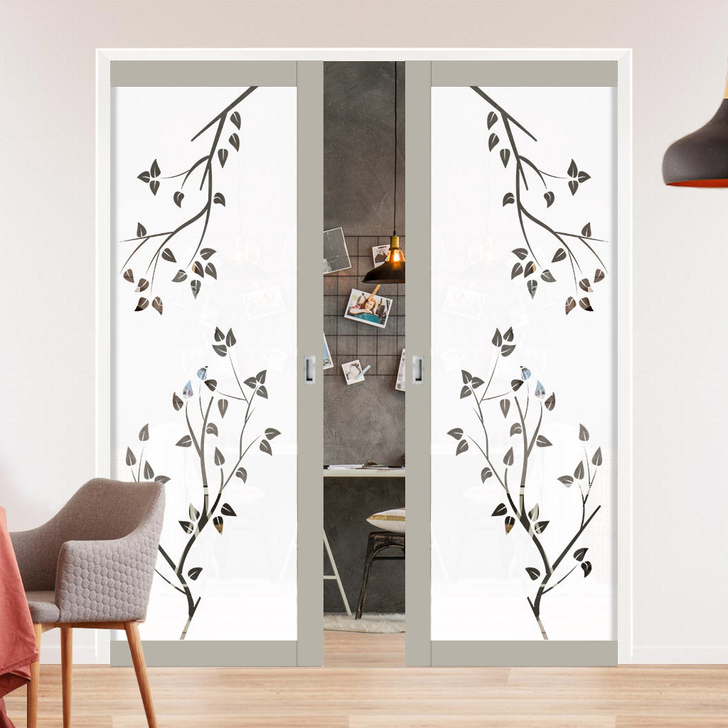 Eco-Urban Artisan® Double Evokit Pocket Door - Birch Tree 6mm Obscure Glass - Clear Printed Design - Colour & Size Options