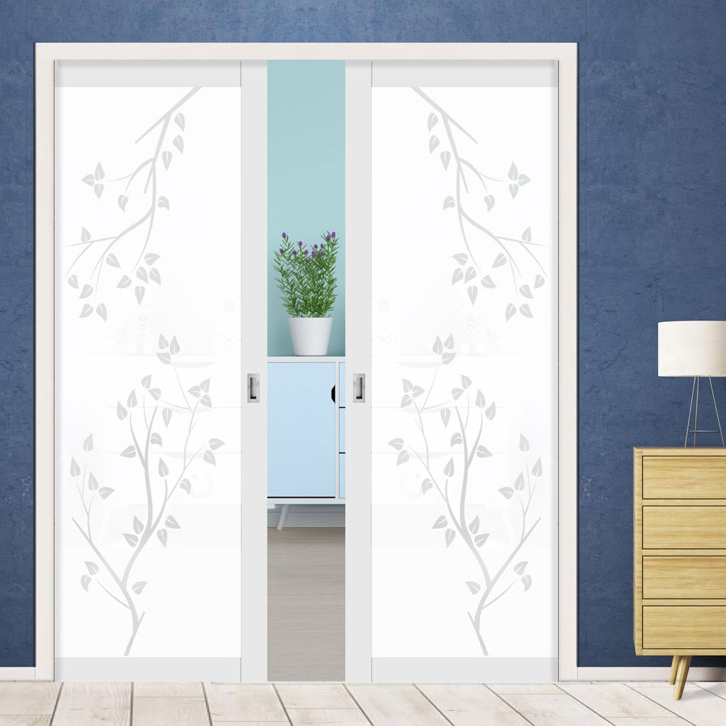 Eco-Urban Artisan® Double Evokit Pocket Door - Birch Tree 6mm Obscure Glass - Obscure Printed Design - Colour & Size Options