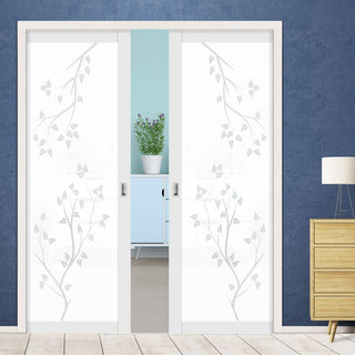 Image: Eco-Urban Artisan® Double Evokit Pocket Door - Birch Tree 6mm Obscure Glass - Obscure Printed Design - Colour & Size Options